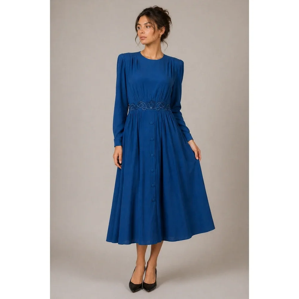 Karin Stevens Petites Vintage Midi Dress 80s 40s Retro Blue Rayon 8/10 M‎